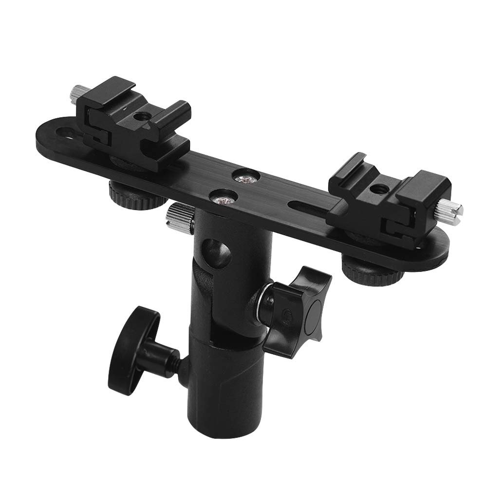 HUNYA T-Shaped Dual Flash Bracket Flash Speedlite Stand with 2 Cold Shoe Mounts 1/4 Inch to 3/8 Inch Mount Umbrella Hole Replacement for Flash for Light Stand Photography Umbrella
