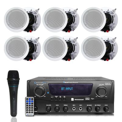 Home Theater System Kit 1000 Watts Bluetooth Receiver w/ 6 Qty 5.25" 175 Watts Each in-Wall in-Ceiling Speakers with Portable Microphone & Remote Control by Technical Pro
