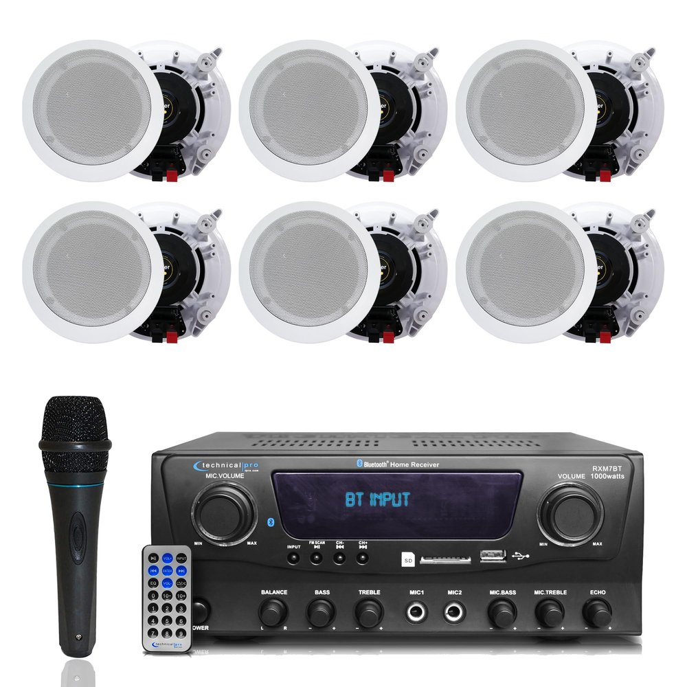 Home Theater System Kit 1000 Watts Bluetooth Receiver w/ 6 Qty 5.25" 175 Watts Each in-Wall in-Ceiling Speakers with Portable Microphone & Remote Control by Technical Pro