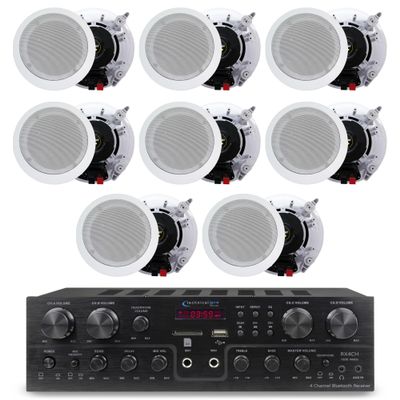 Technical Pro 4 Channel 1600 Watts 8 Speaker Bluetooth Home Theater Receiver System w/ 4 Pairs of 5.25 Ceiling Wall Mount 2-Way Mid Bass Woofer Ceiling Speakers - Home Theater Kit