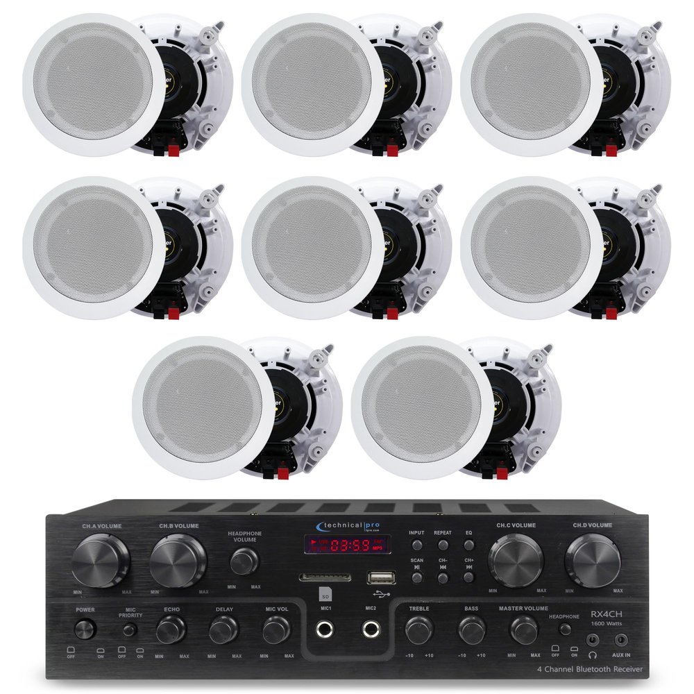 Technical Pro 4 Channel 1600 Watts 8 Speaker Bluetooth Home Theater Receiver System w/ 4 Pairs of 5.25 Ceiling Wall Mount 2-Way Mid Bass Woofer Ceiling Speakers - Home Theater Kit