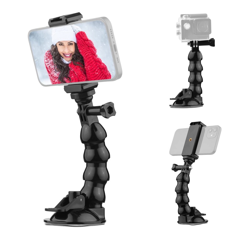 16cm/6.3in Flexible Suction Cup Mount Windshield Suction Cup Phone Mount 360Rotatable 1/4 Inch Screw Connector with Phone Holder for Smartphone Sports Camera