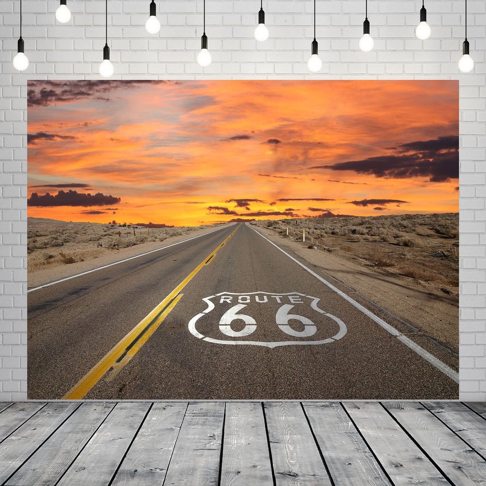 CORFOTO Fabric 10x8ft Route 66 Backdrop - National Scenic Desert Byway Road Trip Party Backdrop for Travel Theme Birthday Banner Men Kids Photoshoot Artistic Portrait Props