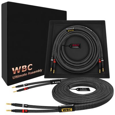 WORLDS BEST CABLES 10 Foot Ultimate - 8 AWG - Ultra-Pure OFC - Premium Audiophile HiFi Speaker Cable Pair with Eminence Gold Banana Plugs & Carbon Tweed Jacket