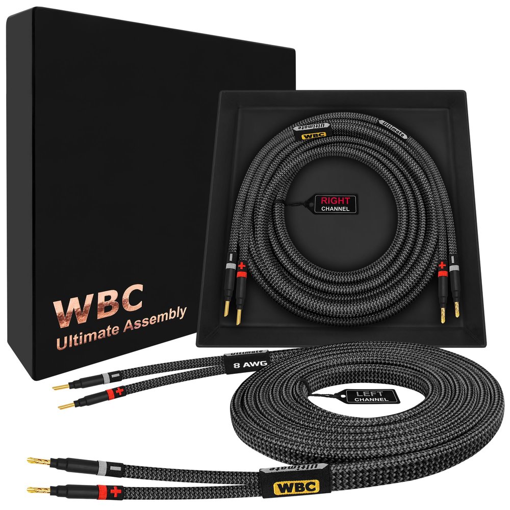 WORLDS BEST CABLES 10 Foot Ultimate - 8 AWG - Ultra-Pure OFC - Premium Audiophile HiFi Speaker Cable Pair with Eminence Gold Banana Plugs & Carbon Tweed Jacket