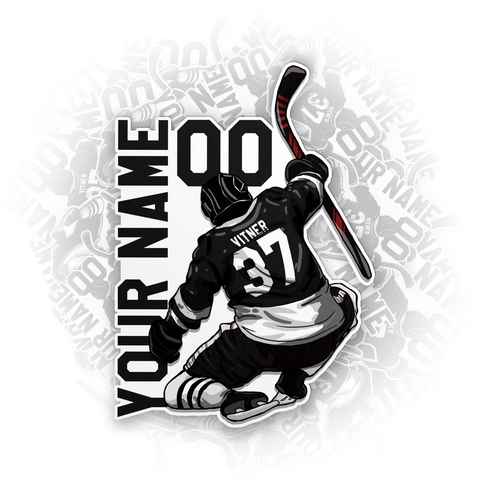 Custom Ice Hockey Sticker - Personalized Name, Number Jersey Back Side Waterproof Die-Cut Vinyl Decal for Water Bottle, Car, Phone, Laptop, Sticks - Birthday Gifts for Sports Lovers