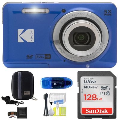 KODAK Pixpro FZ55 Digital Camera Bundle, Includes: SanDisk 128GB Memory Card, Hard Shell Camera Case, SD Card Reader and More (6 Items) (Blue)