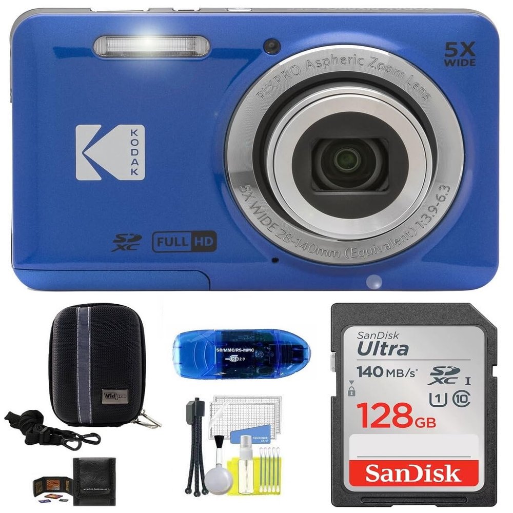 KODAK Pixpro FZ55 Digital Camera Bundle, Includes: SanDisk 128GB Memory Card, Hard Shell Camera Case, SD Card Reader and More (6 Items) (Blue)