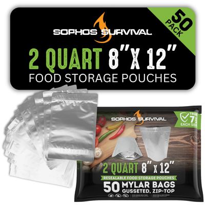 50 Mylar Bags for Food Storage, Airtight 7-Mil Thick Gusseted Zip Lock, Long Term, Reusable, Emergency Food Supply & Freeze Dryer Bags - 2 Quart 8x12 Inch