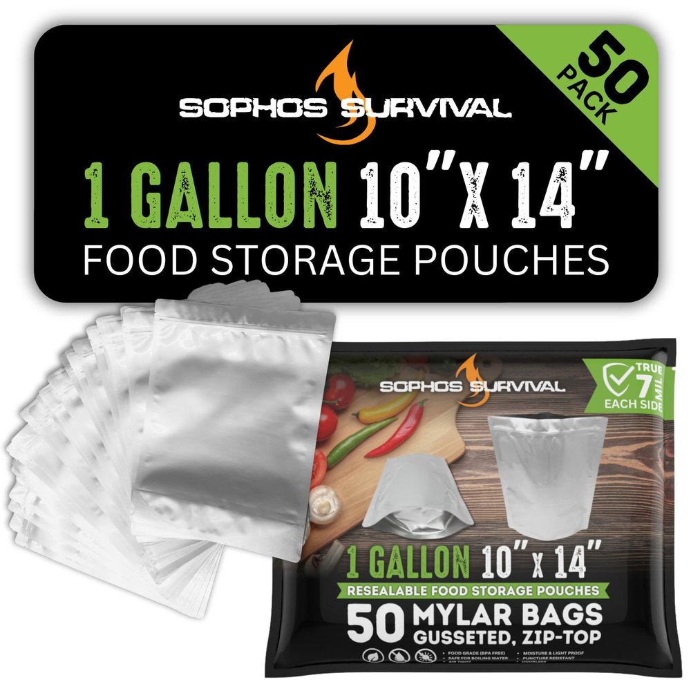 50 Mylar Bags for Food Storage, Airtight 7-Mil Thick Gusseted Zip Lock, Long Term, Reusable, Emergency Food Supply & Freeze Dryer Bags - 1 Gallon 10x14 Inch