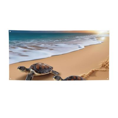Turtles on the beach Banner Holiday Backdrop for Outdoor Happy Birthday Decorations Yard Signs Christmas Banners Fence Hanging Flag Home Decoration for Party Wedding Business