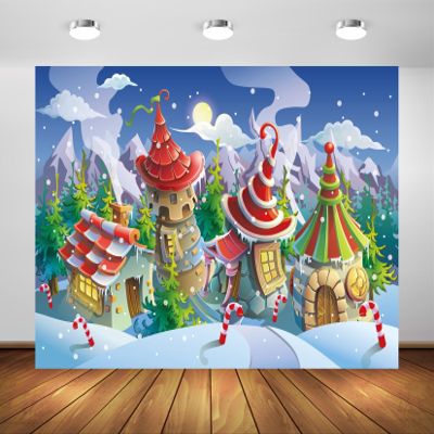 BELECO 5x3ft Fabric Santa's Christmas Village Backdrop Elf's Fairy Tale House Candy Cane Snowing Mountain Forest Winter Night Backdrop Xmas New Year Party Decoration Photo Background Studio Props