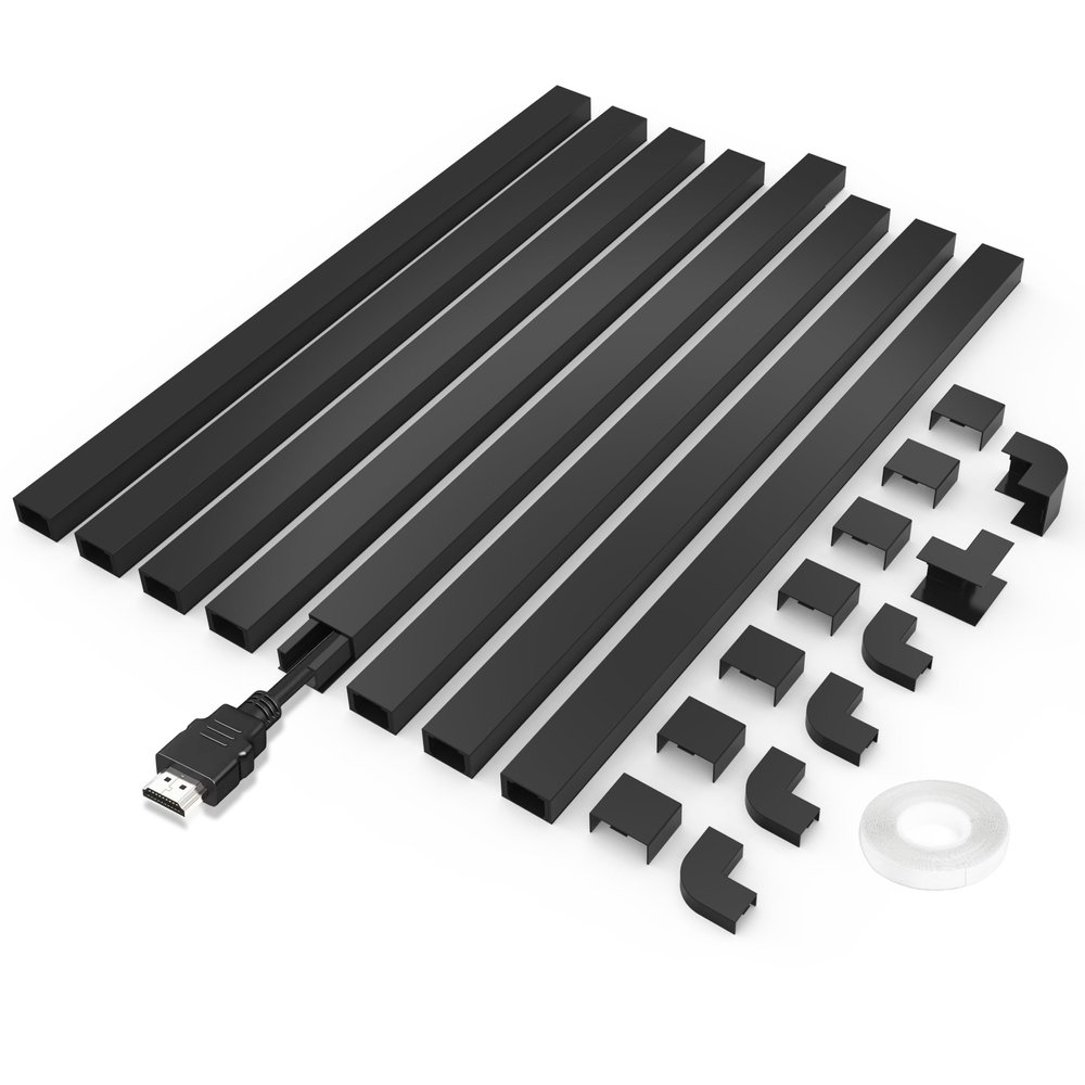 Small Cable Concealer - One-Cord Channel Cable Management System - Compact Cord Cover for Home and Office, 8-Pack 125 inch, Black
