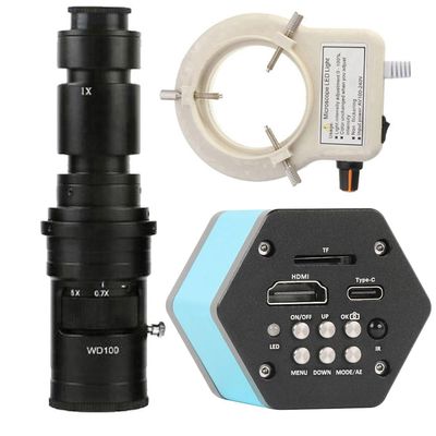 4K 48MP HDMI Type-c Industrial Video Microscope Camera TF Card Storage Video Recorder & 500X C-Mount Lens With 56-LED Adjustable Ring Light