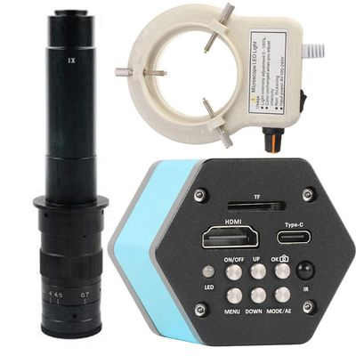 4K 48MP HDMI Type-c Industrial Video Microscope Camera TF Card Storage Video Recorder & 300X C-Mount Lens With 56-LED Adjustable Ring Light