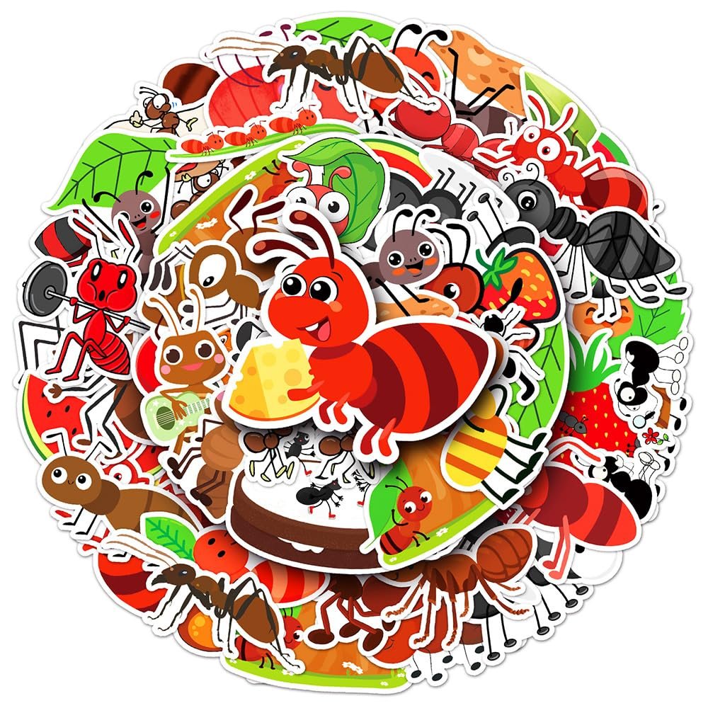 50 PCS Cartoon Ant Stickers Pack - Playful Colorful Insect Waterproof Vinyl Decal Stickers for Water Bottles Laptop Luggage Tumbler Skateboard Guitar Journal Scrapbook