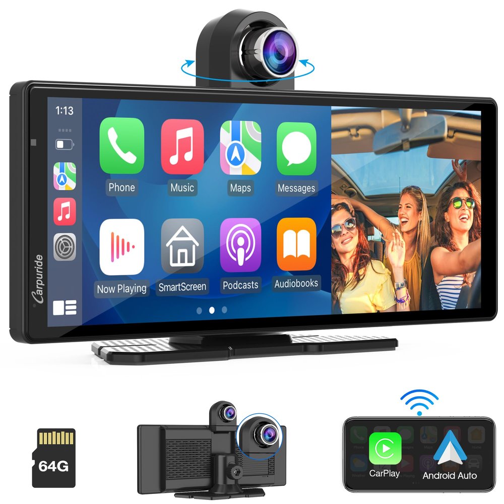 Carpuride 4K W903 Portable Wireless Carplay & Android Auto with Dash Cam - 9.3" HD IPS Screen, 4K Front Camera, Loop Recording, Bluetooth, Mirror Link, GPS, Siri, Dashboard Mounted
