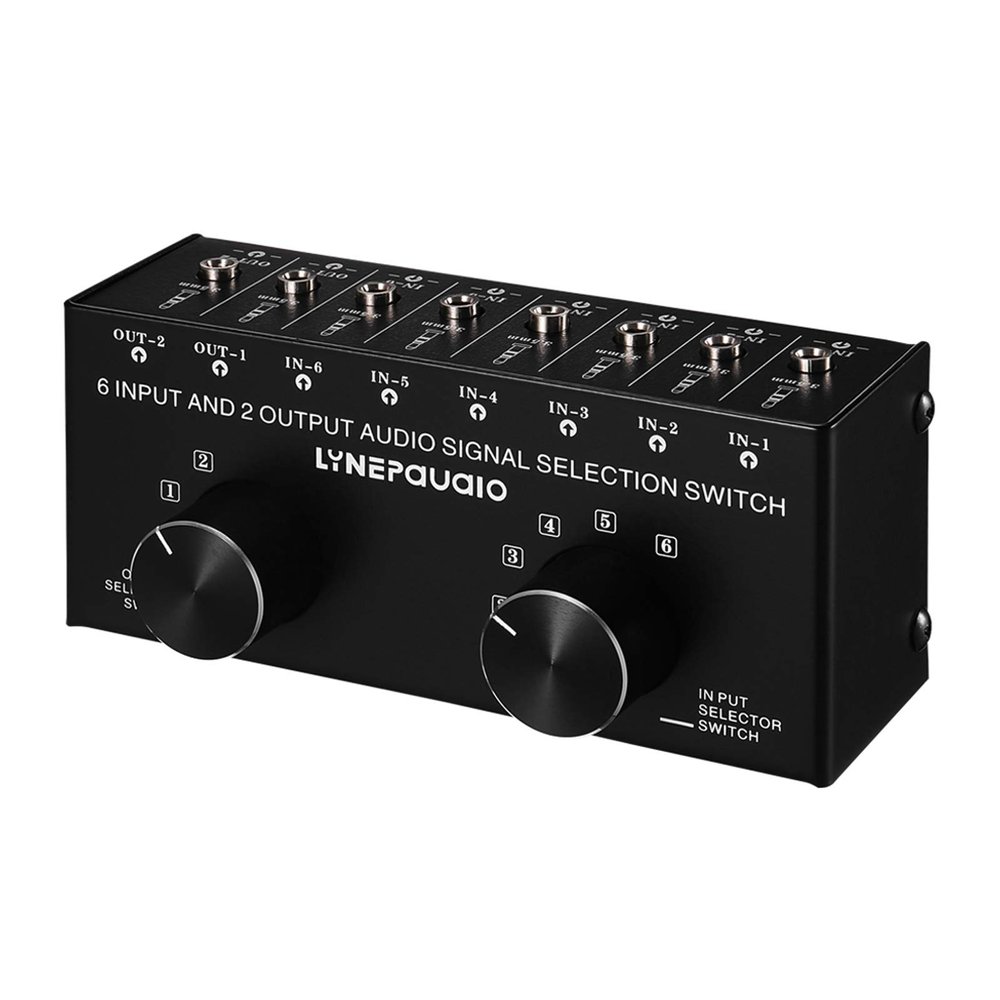 JINGFENG 6-In-2-Out Audio Switcher Two-Way Audio Signal Selector Box Splitter Distributor with 3.5mm Audio Input & Output Jacks