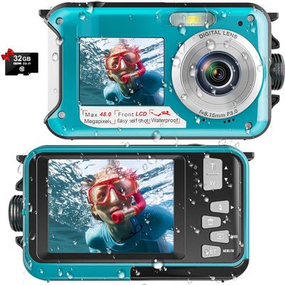 Acuvar 48MP Underwater Camera with 32GB Card 11FT Waterproof Digital Camera, Dual-Screen Selfie, Autofocus, Floatable Compact Snorkeling Camera with 1250mAh Battery (Blue)