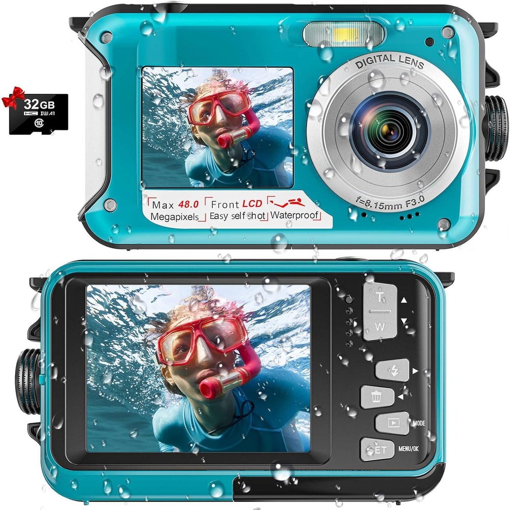 Acuvar 48MP Underwater Camera with 32GB Card  11FT Waterproof Digital Camera, Dual-Screen Selfie, Autofocus, Floatable Compact Snorkeling Camera with 1250mAh Battery (Blue)