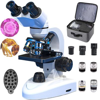 40x-10000x Binocular Compound Microscope, with Microscope Blade Set/Storage Bag/Stand, LED Lighting/Mechanical Platform, for School Lab Home Education, White,15000X