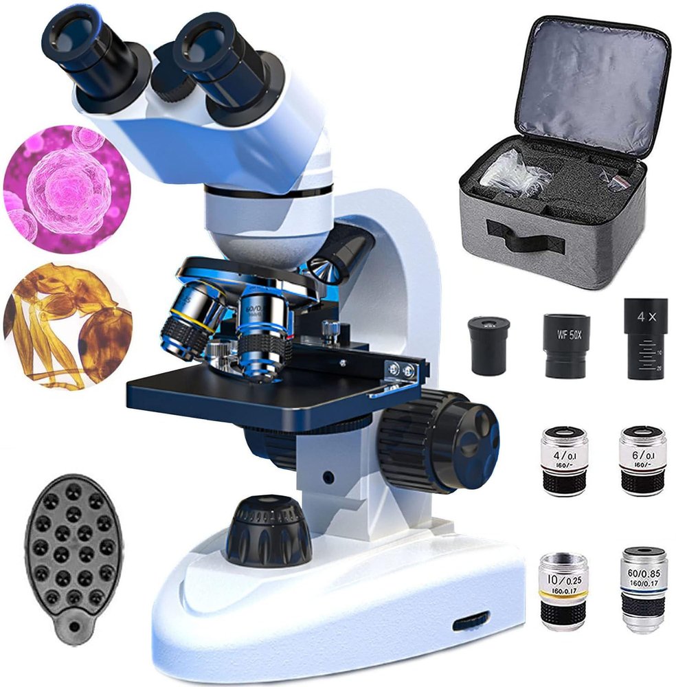 40x-10000x Binocular Compound Microscope, with Microscope Blade Set/Storage Bag/Stand, LED Lighting/Mechanical Platform, for School Lab Home Education, White,15000X