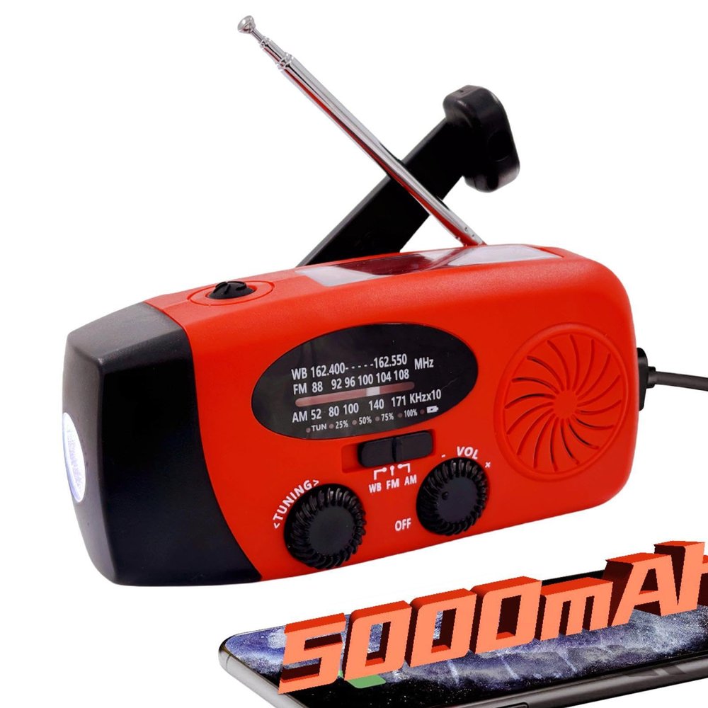 iRonsnow Solar Emergency Hand Crank Weather Radio, Portable Self Powered NOAA AM/FM Radios with SOS Alarm LED Flashlight 5000mAh Smart Phone USB Charger for Camping (Red)
