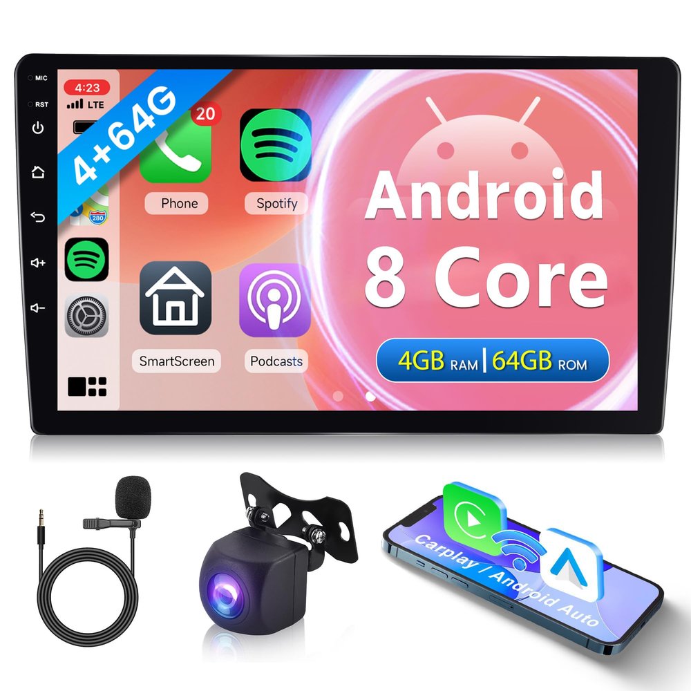 8 Core 4G+64G Car Stereo Double Din Android Wireless Carplay Android Auto, Rimoody 9'' Touchscreen 2 Din Car Radio GPS 4G-WiFi Bluetooth FM DSP-36 Mirror Link 59-UI Themes AHD Backup Camera