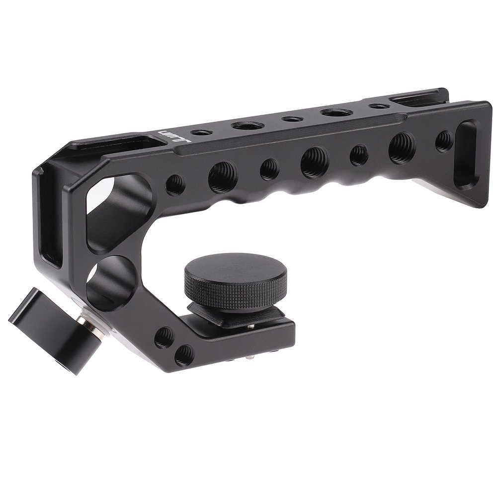 FocusFoto Top Handle Grip with 3/8" Locating Hole for ARRI Standard Camera Cage, Extension Handgrip Mount with 1/4"-20 & 3/8"-16 Thread & Cold Shoe for attaching Magic Arm, LED Video Light, Microphone