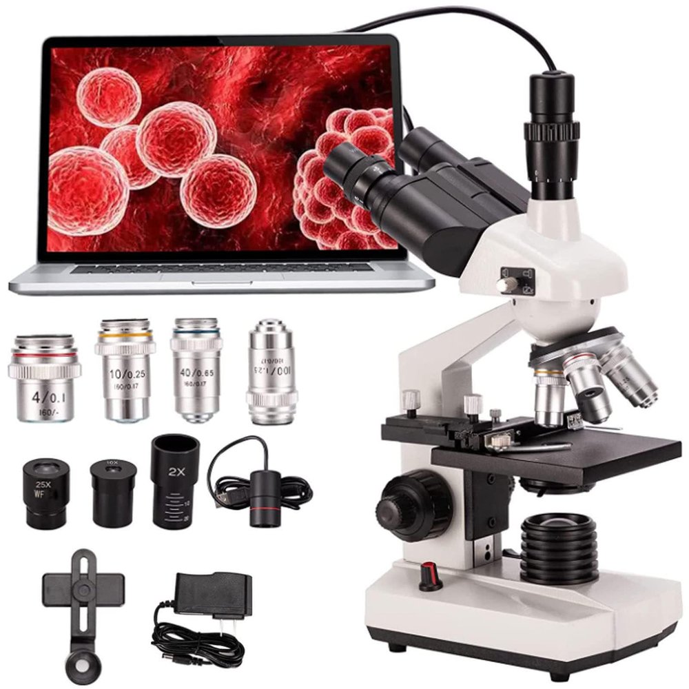 Compound trinocular Microscope - 40X-5000X Magnification, LDE Light Source Adjustable, with Electronic Eyepiece 2 Million Pixels&Phone Adapter, for Aquaculture/Education/Medical Industry