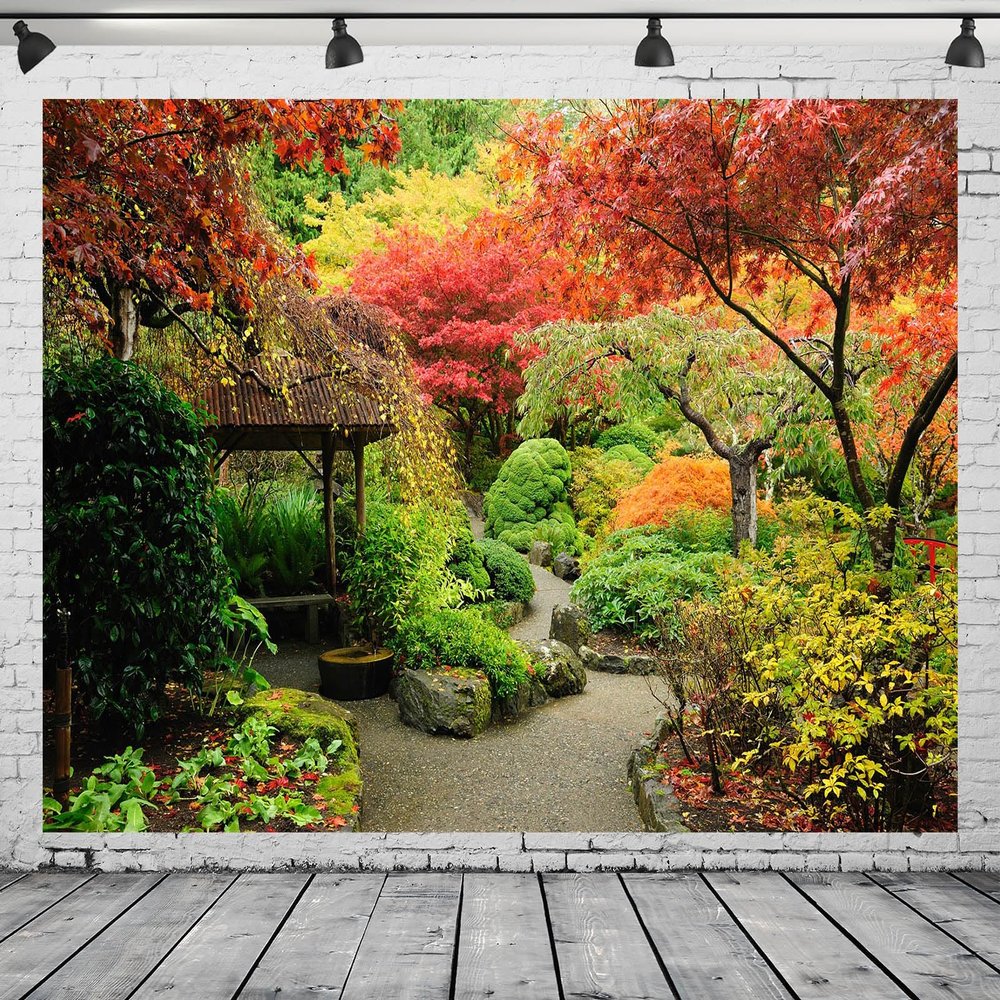 CORFOTO 15x10ft Fabric Japanese Garden Photography Backdrop Beautiful Autumn Garden Background Natural Scenery Decor Kids Adult Birthday Party Banner Wedding Anniversary Photoshoot Studio Props