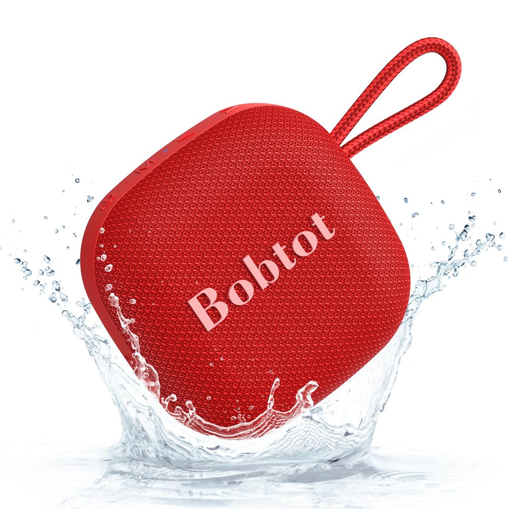Bobtot Portable Bluetooth Speakers Wireless - IPX7 Waterproof Shower Speaker with 16 Hours Playtime, Loud Stereo Sound, TWS, Built-in Mic, Mini Size with Lanyard to Carry, Red
