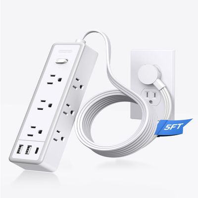 Surge Protector Power Strip, Flat Extension Cord with 9 Widely Outlets 3 USB Ports(1 USB-C), 1080 Joules, 5 FT, Multiple Outlets, Wall Mount, Flat Plug for Indoor Home Office, Dorm Essentials, White