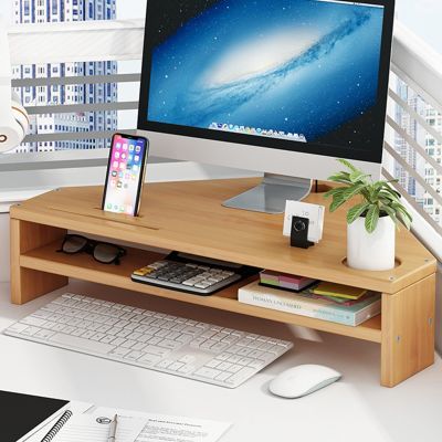 BBHW Corner Monitor Stand Computer Stand for Desktop Monitor, Ergonomic Monitor Riser, Sturdy Table Storage Organizer Save Space, Wood Office Corner Desk Shelves (Color : Natural Wood)