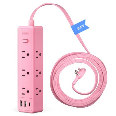 Pink Power Strip, NTONPOWER Power Strip 9 Outlets 3 USB Ports(1 USB C), Flat Extension Cord 10FT Wall Mount, 1080J, Multiple Outlets for for Home Office, Vanity Desk, Nightstand,Women