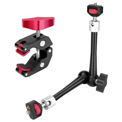 HEMMOTOP 11in Magic Arm Camera Mount Clamp, Max. Payload 5.5 LBS Articulating Arm with Anti-Twist Pins, Rotatable Pads, Adjustable Friction Arm for Monitor, LED Light, Camera Video Rig MS02