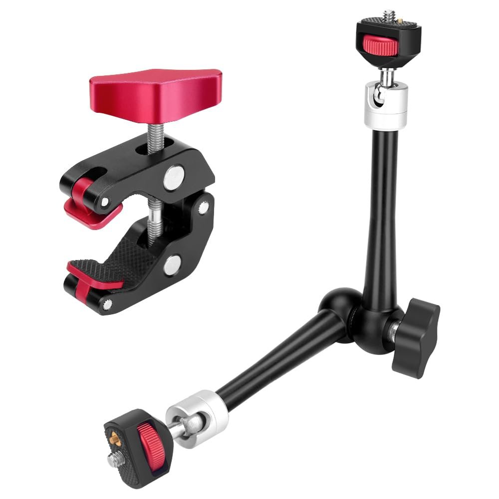 HEMMOTOP 11in Magic Arm Camera Mount Clamp, Max. Payload 5.5 LBS Articulating Arm with Anti-Twist Pins, Rotatable Pads, Adjustable Friction Arm for Monitor, LED Light, Camera Video Rig MS02