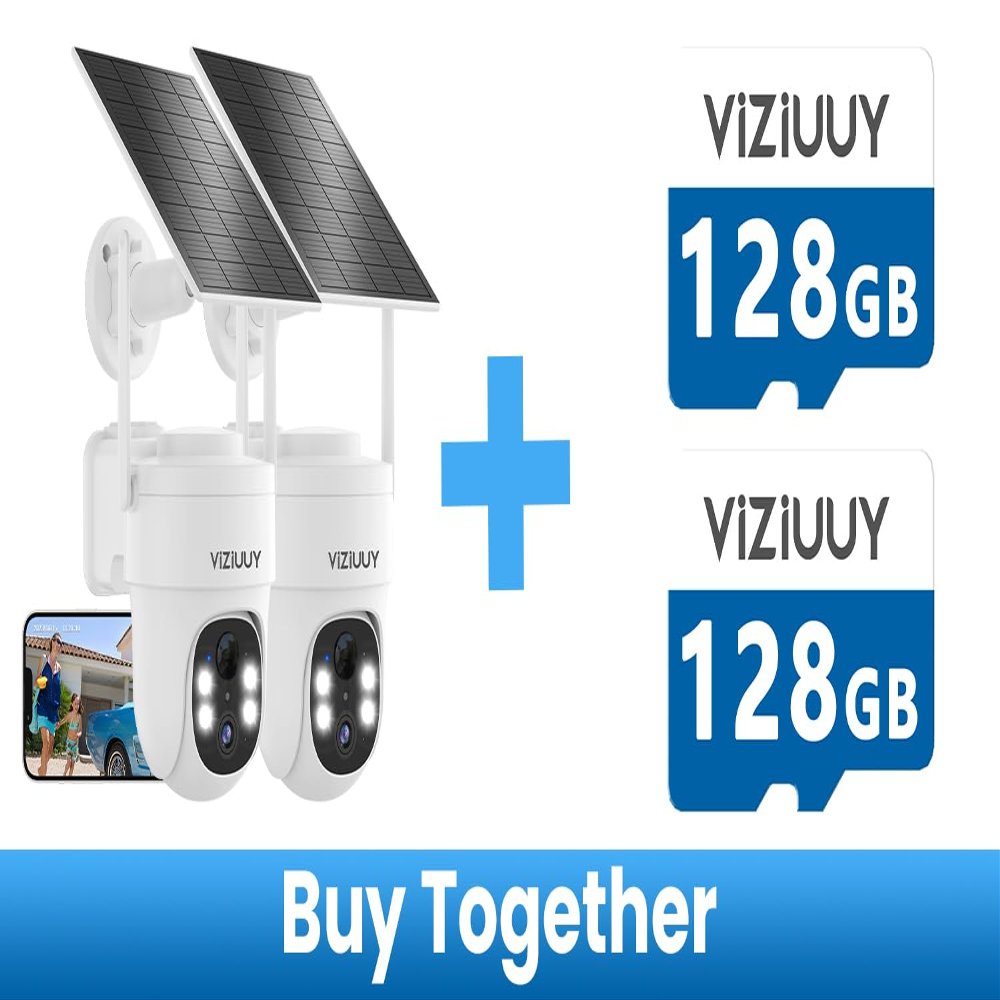 VIZIUUY 2Pack Solar Security Cameras Wireless Outdoor,3MP Security Cameras Wireless Outdoor with 128GB SD Card