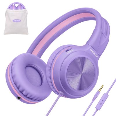 SIMOLIO Wired Headphones for Kids, Girls School Headphone with Microphone & Safe Volume Limiter & Share Port, Foldable Adjustable Over Ear Headsets for Tablet Travel Teens Smartphone (Purple)
