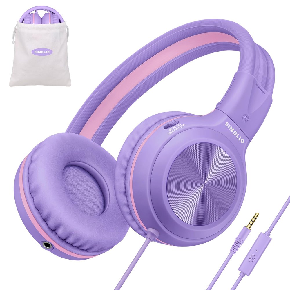 SIMOLIO Wired Headphones for Kids, Girls School Headphone with Microphone & Safe Volume Limiter & Share Port, Foldable Adjustable Over Ear Headsets for Tablet Travel Teens Smartphone (Purple)