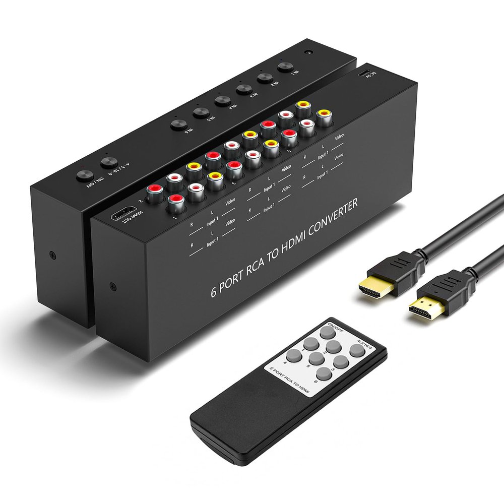Arector 6 Port RCA to HDMI, 1080P/720P 6 Way AV to HDMI Converter Composite CVBS AV Switch to HDMI Converter Adapter Support 4:3/16:9 Switching, for Sega Xbox PS2 PS3 N64 NGC SNES WII VHS VCR Camera