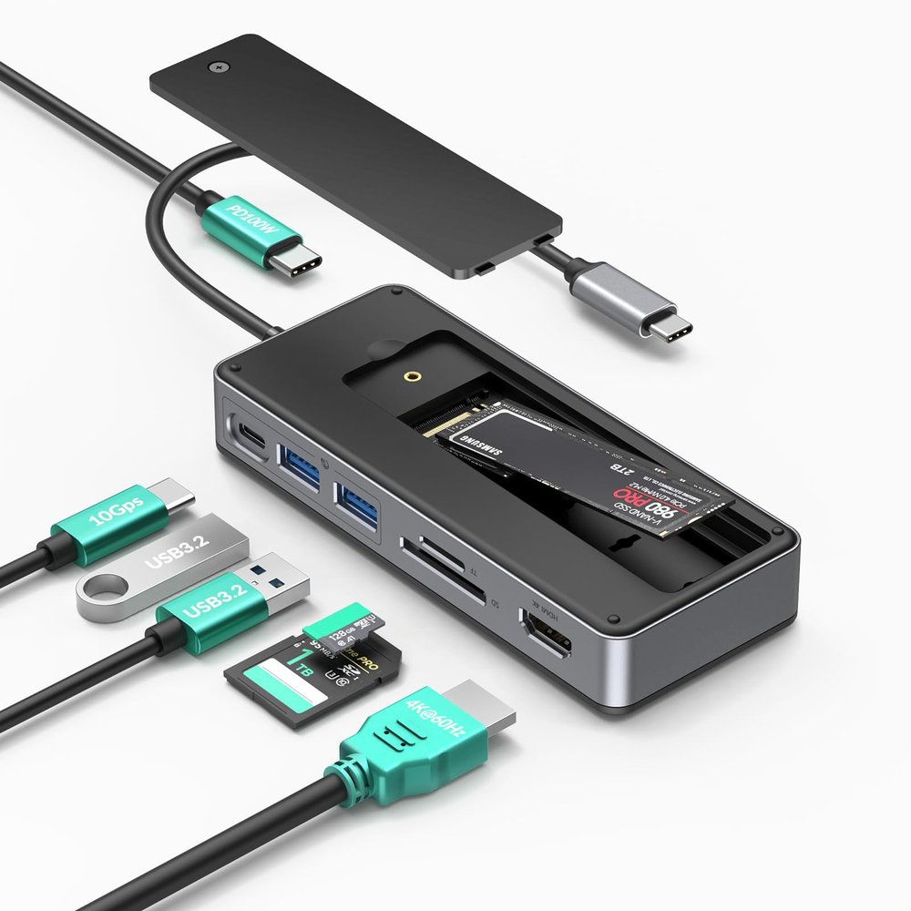 GiGimundo GM28P M.2 NVMe SSD Docking Station - 10Gbps Multi Ports Portable USB-C Hub, PD100W, HDMI 4K 60Hz, SD Card Reader, M.2 Dock for Laptop Mac, Black