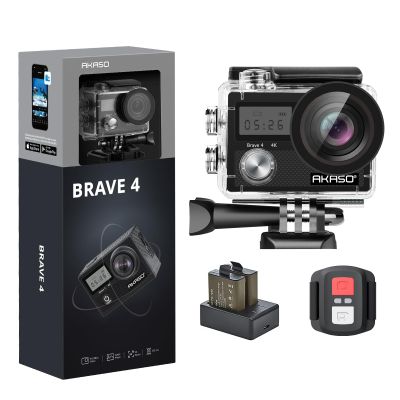 AKASO Brave 4 Action Camera 4K 30fps Ultra HD WiFi Sport Cameras with 170 FOV, Image Stabilization, 131FT Waterproof Underwater Camera with 2x1050mAh Batteries, Helmet Accessories Kit