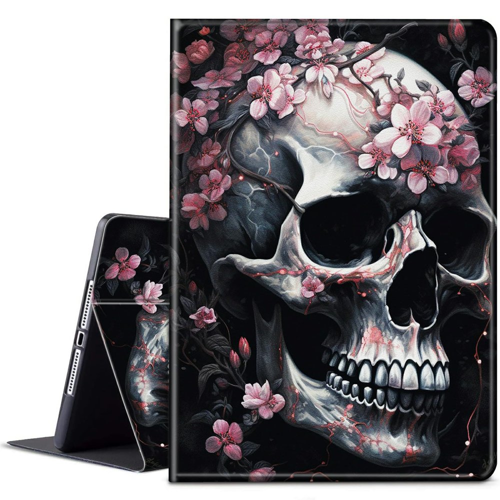 BPQOJB for Kindle Fire 7 Tablet Case 9th/7th Generation 2017/2019 Release with Adjustable Stand & Auto Wake/Sleep Feature Smart Protect Cover Case - Cherry Blossom Skull