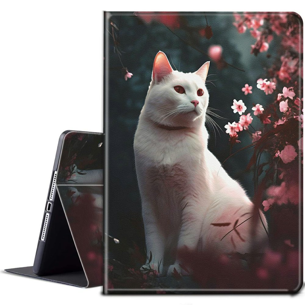 BPQOJB for Kindle 2022 Case 11th Generation 6.0 inch 2022 Release with Adjustable Stand & Auto Wake/Sleep Smart Protect Cover Case - Cherry Blossom Tree White Cat