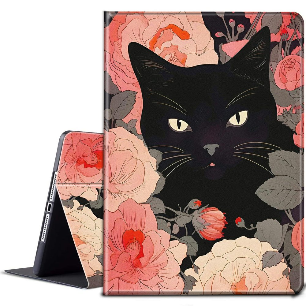 BPQOJB for Kindle 2022 Case 11th Generation 6.0 inch 2022 Release with Adjustable Stand & Auto Wake/Sleep Smart Protect Cover Case - Floral Flower Black Cat