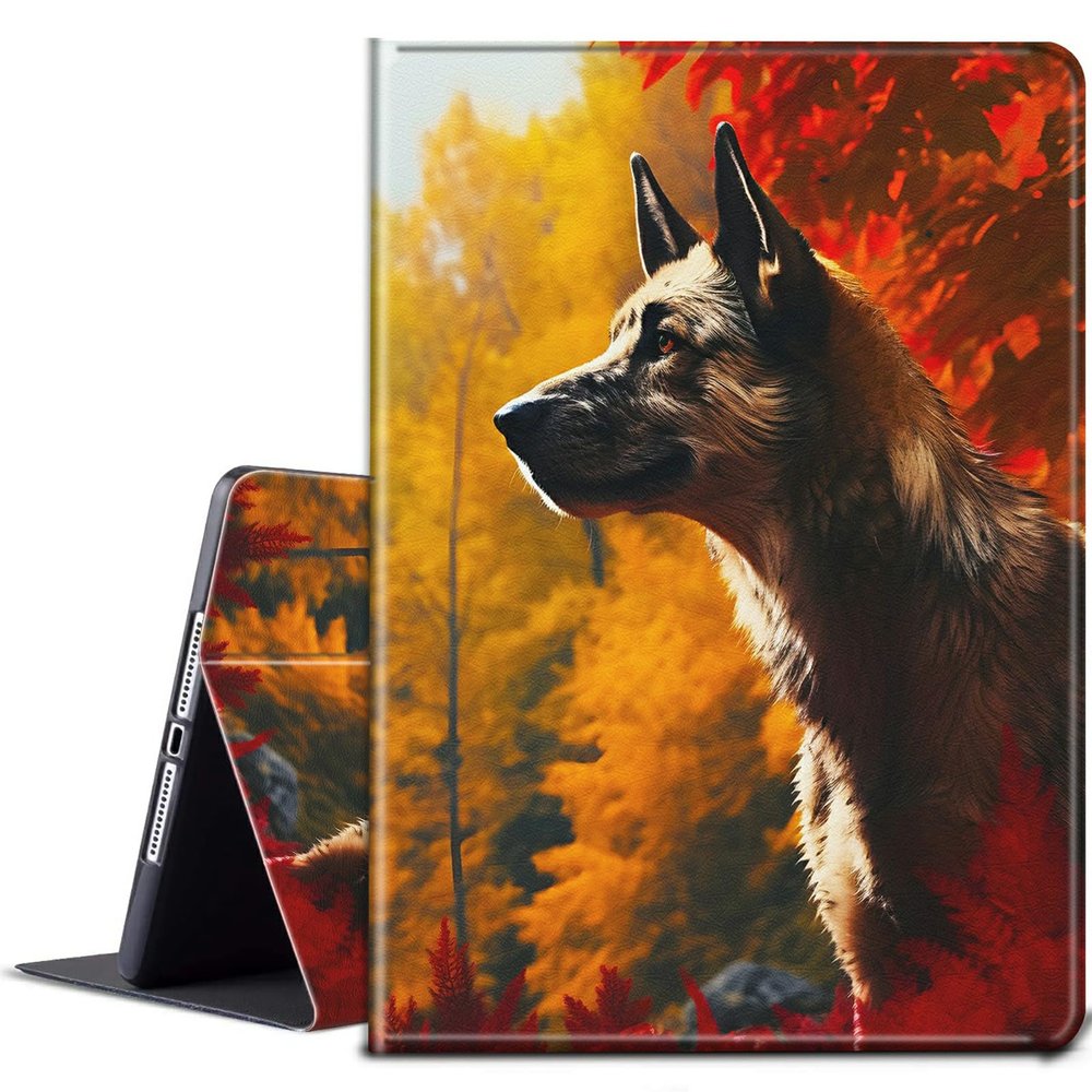 BPQOJB for Kindle Fire 7 Tablet Case 12th Generation 7 inch 2022 Release with Adjustable Stand & Auto Wake/Sleep Feature Smart Protect Cover Case - Red Maple Leaf Wolf