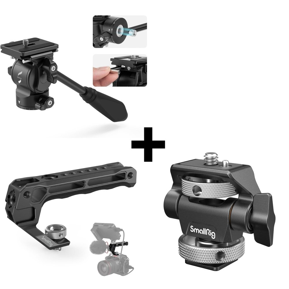 Bundle: SmallRig Selection Tripod Fluid Head with Top Handle with 3/8"-16 Locating Pins for ARRI Grip for Camera Cage and Field Monitor Mount Monitor Holder Swivel