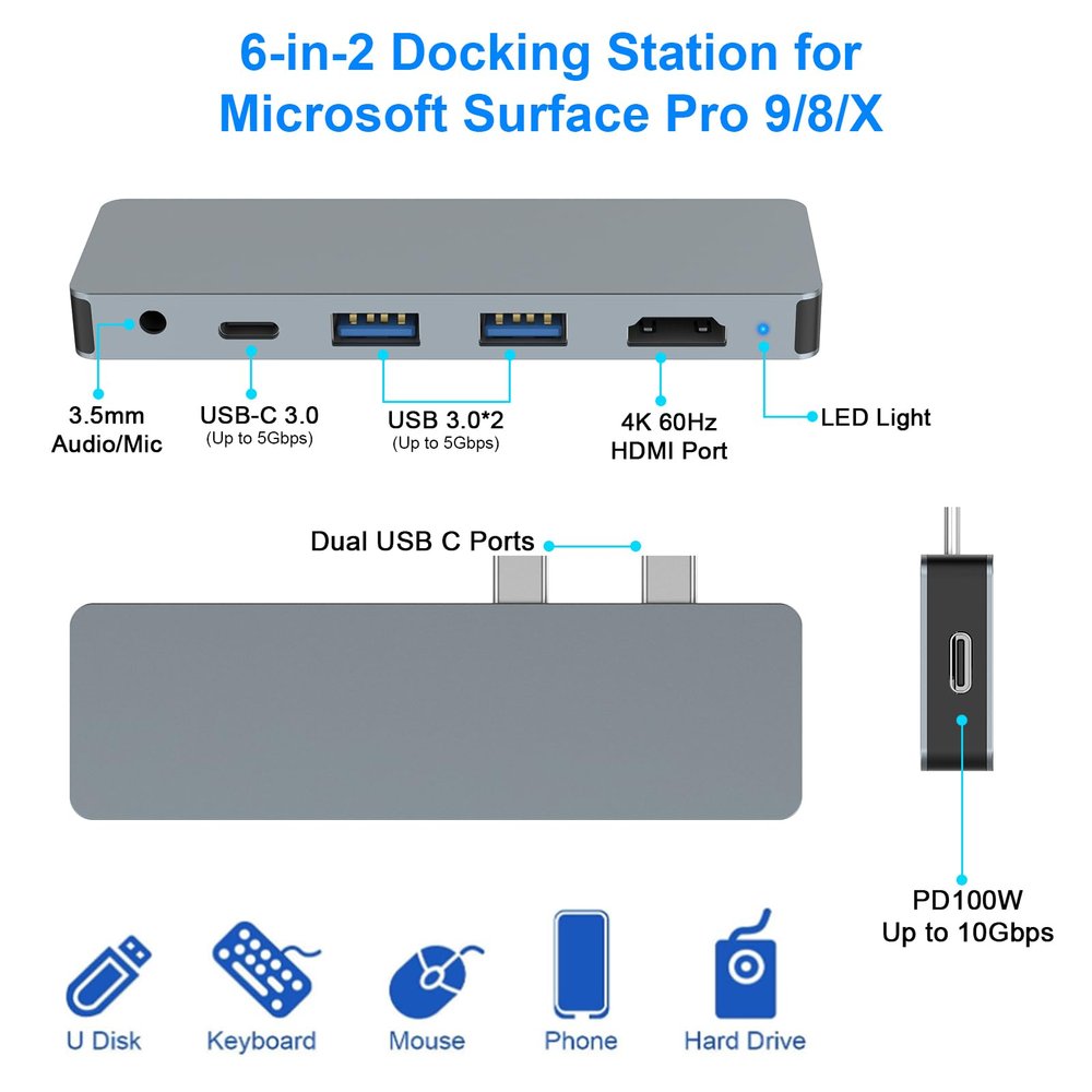 Opluz 6 in 2 Surface Pro 8 9 X Docking Station, Accessories for Microsoft Surface Pro Dock Hub Thunderbolt 4 Port, with 4K@60HZ HDMI Port, 2 USB-A 3.0(10Gbps), 2 USB-C, 3.5mm Audio Jack PD Charging