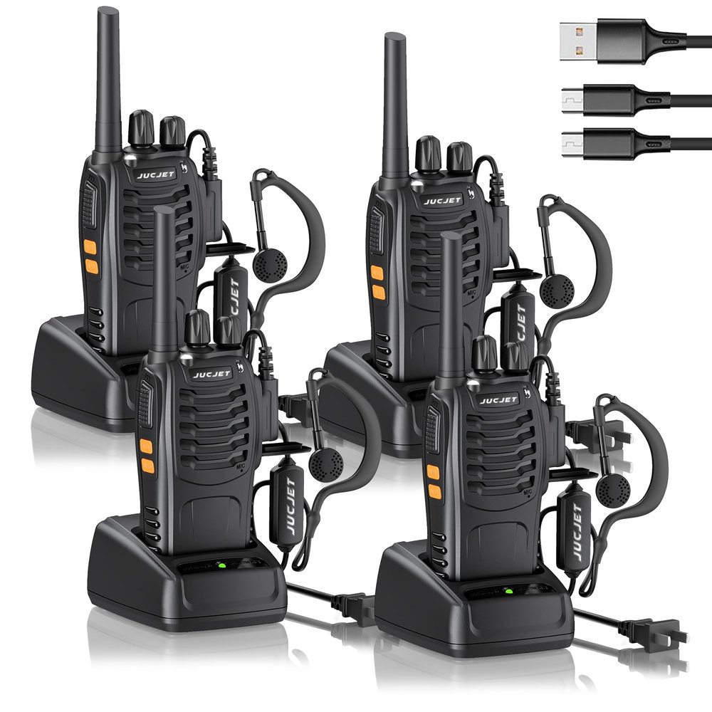 JUCJET H888S 4 Pack Walkie Talkies Handheld Two Way Radio with Original Earpieces, 2-Way Radios UHF Handheld Transceiver Walky Talky, with 2-in-1 Type-C Charging Cable&Charging Station4 Pack